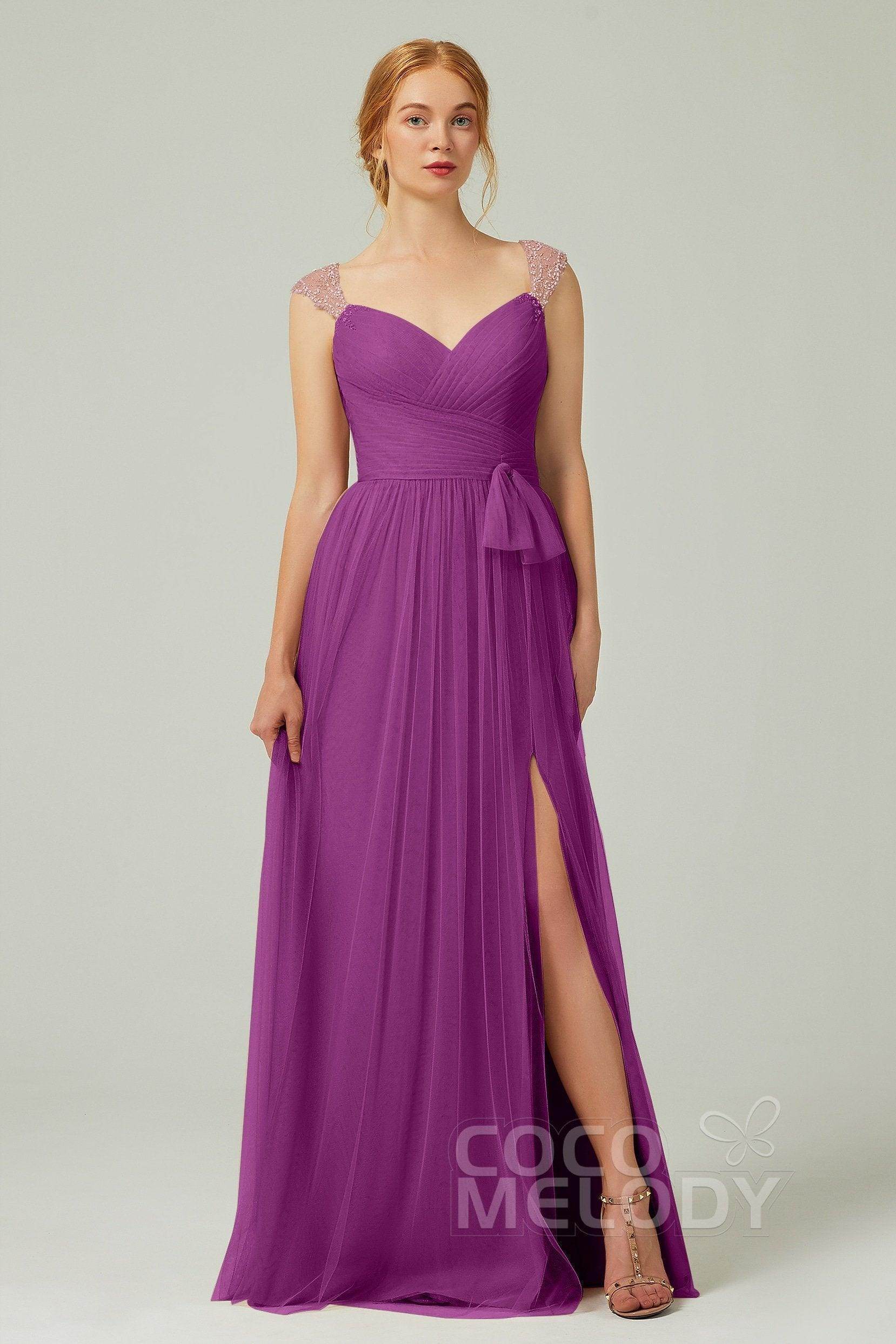 A-Line Floor Length Tulle Bridesmaid Dress CB0313PS - COCOMELODY